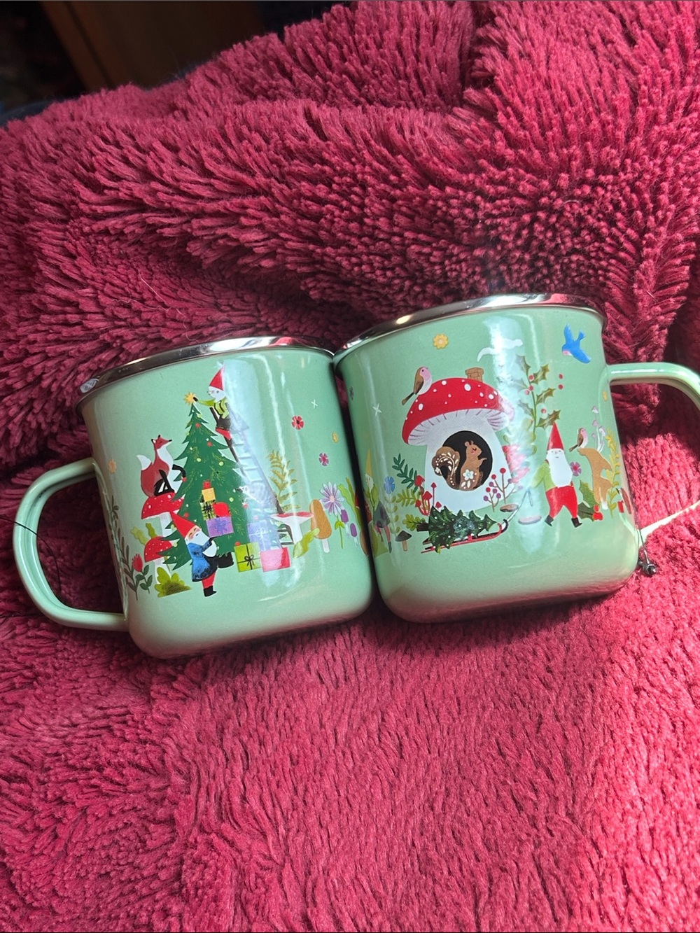 Mint Green Woodland Gnome Enameled Steel Mug - Set of 2
